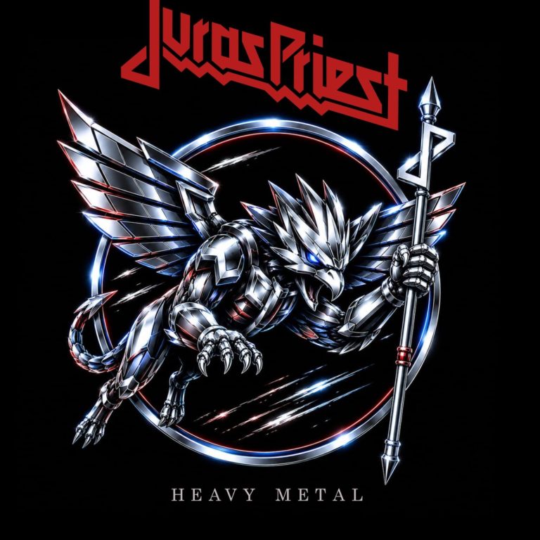 Juras Priest Greif Logodesign von Judas Priest mit einem metalischen Drachen und Schriftzug.